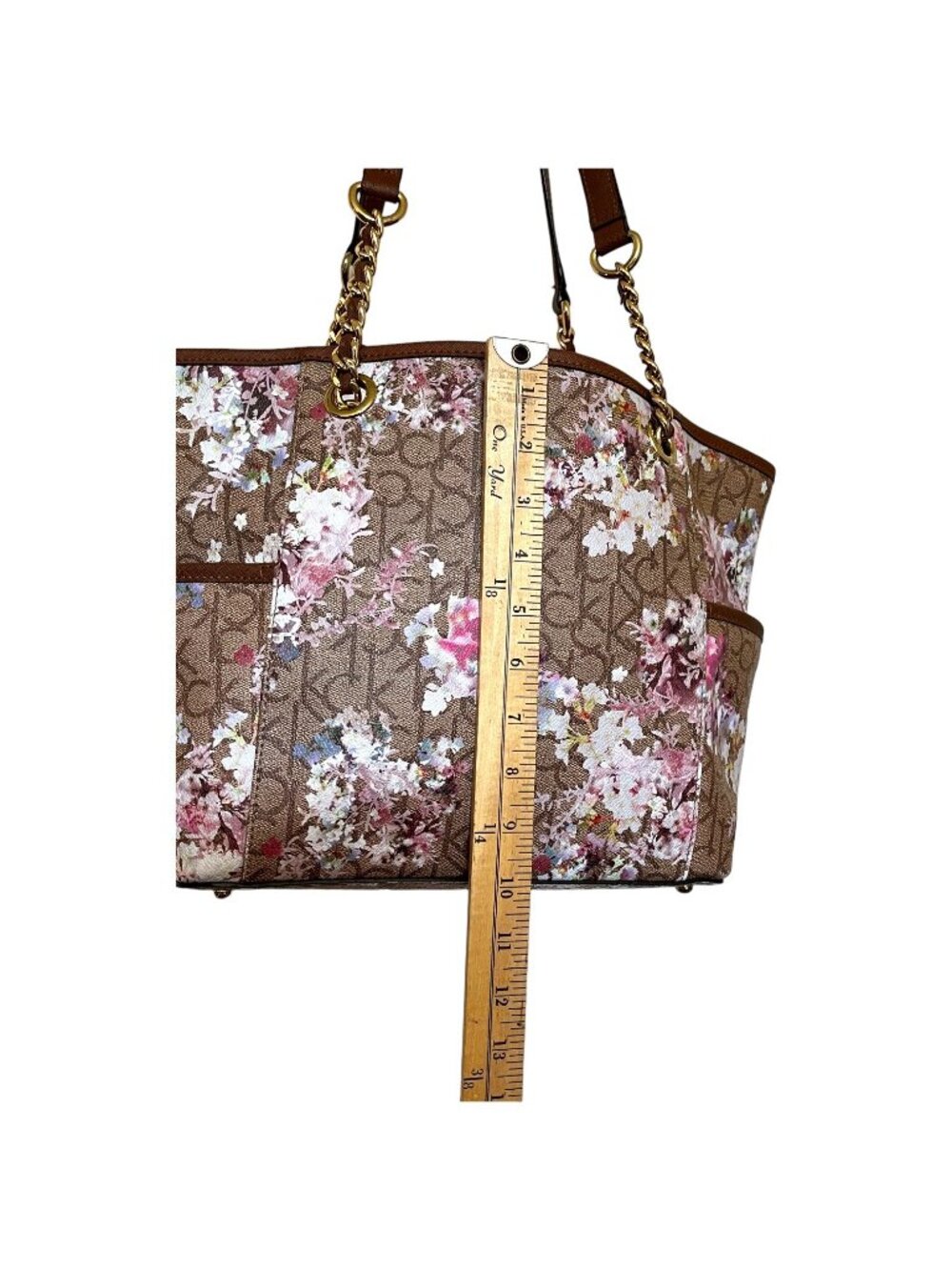 Calvin Klein Signature Hayden Floral CK Logo Satchel Tote Bag Chain Handles - Picture 3 of 16